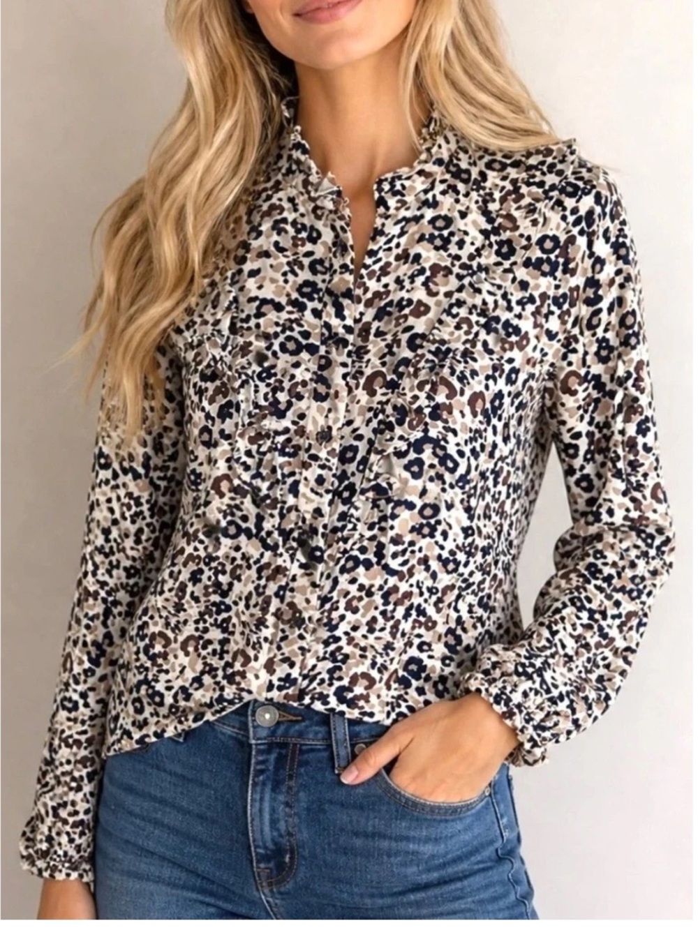 Maeve by Anthropologie Katia Leopard Print Ruffle Button Front Blouse Size 6